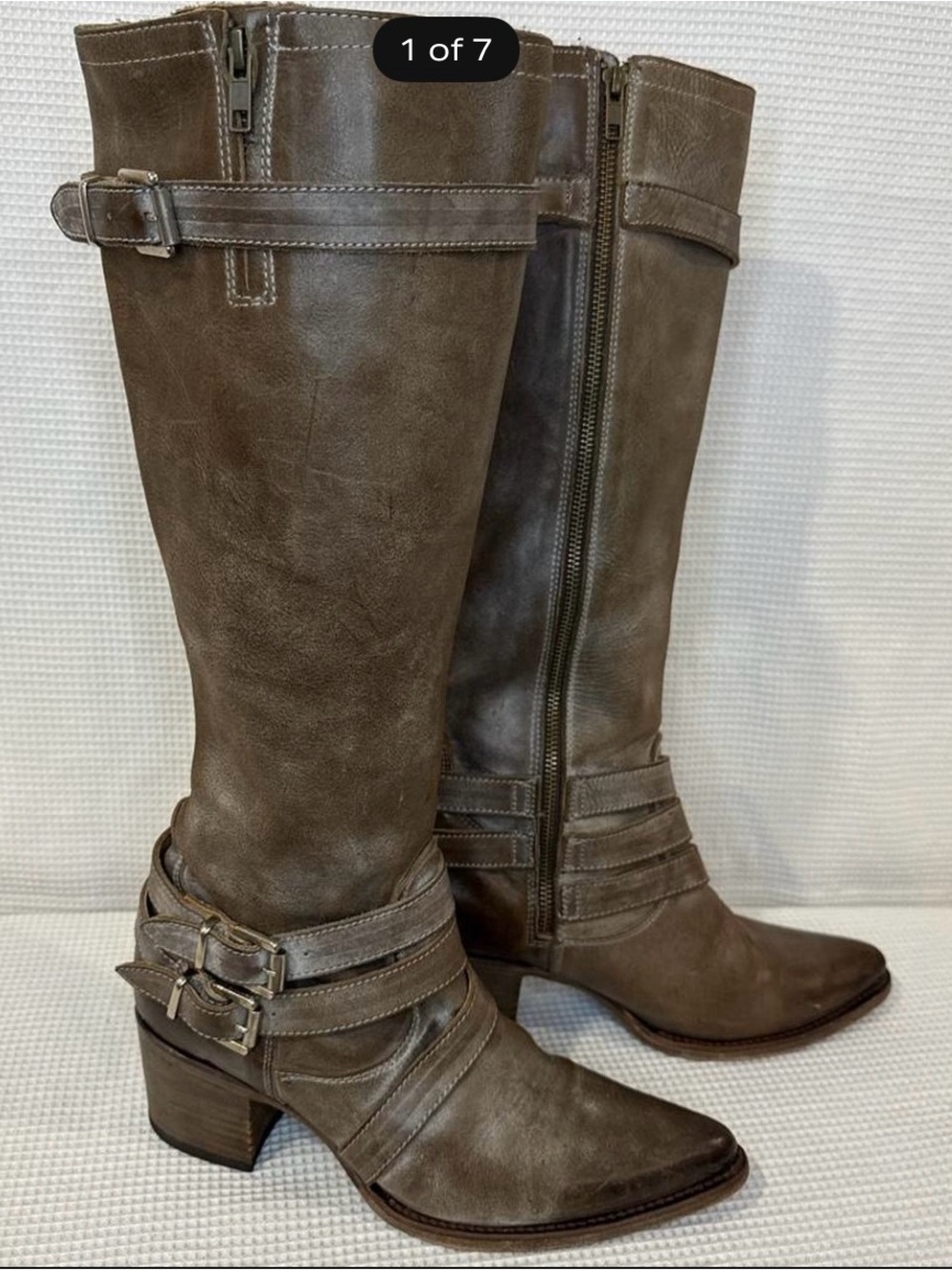 freebird Flynn Taupe Brown Leather Knee-High Riding Boots with Buckle Detail